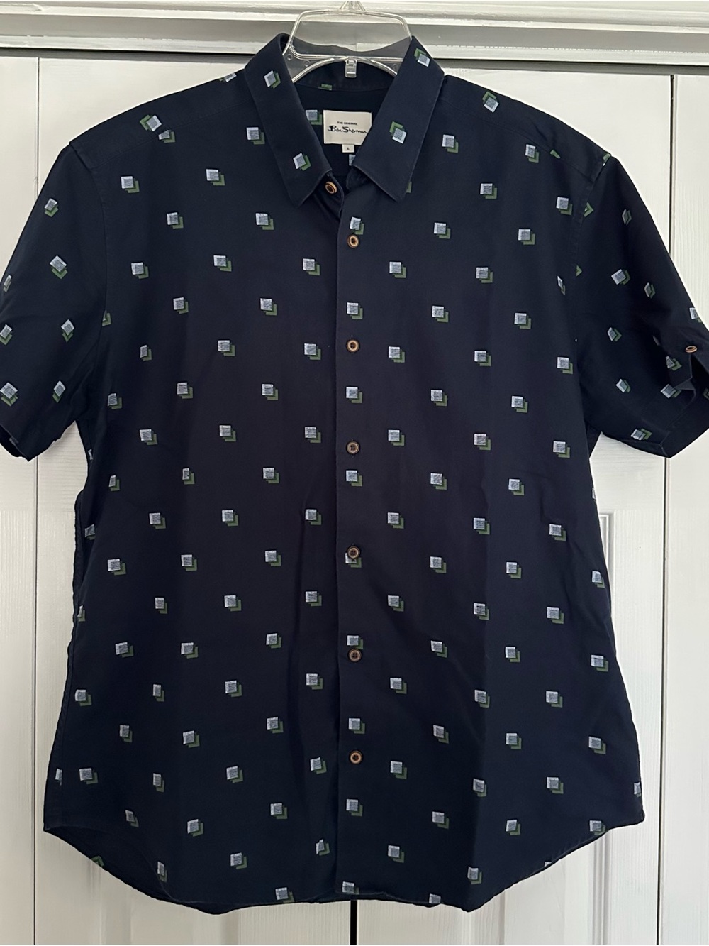Ben Sherman Navy Short-Sleeve Button-Down with Green & Light Blue Micro Squares